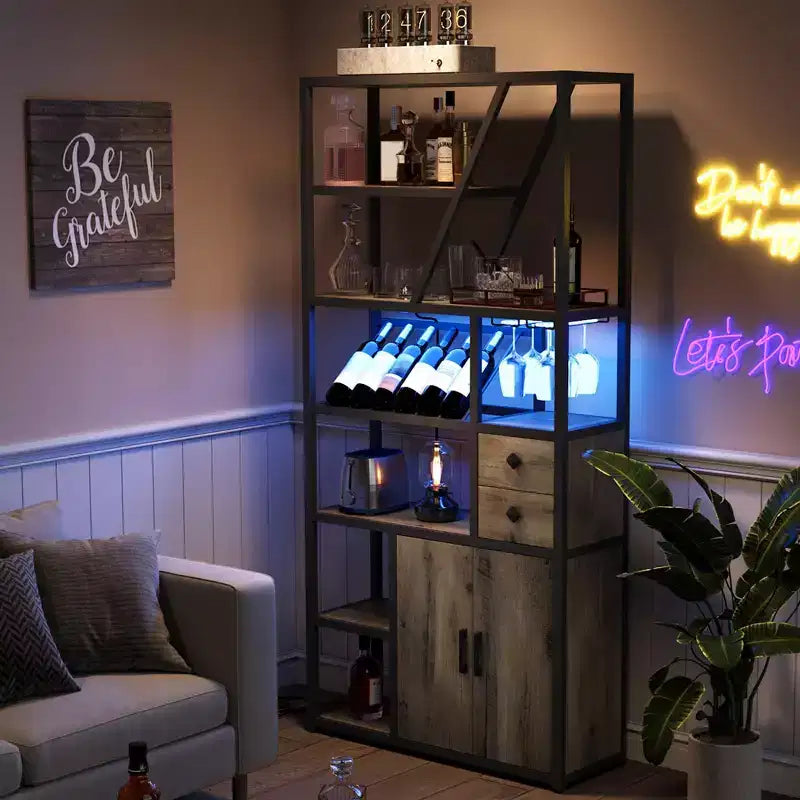 Mobile bar per vini, Mobiletto alto per caffè, Supporto per microonde con contenitore, Mobiletto bar per caffè in stile rustico con portabottiglie e portabicchieri