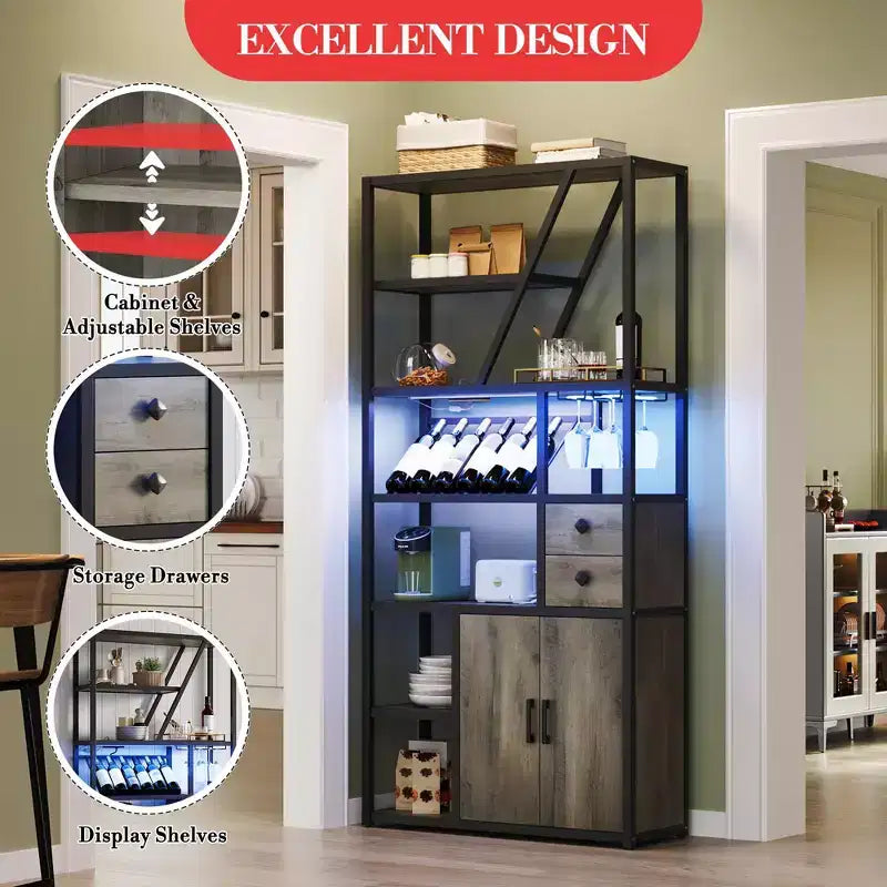 Mobile bar per vini, Mobiletto alto per caffè, Supporto per microonde con contenitore, Mobiletto bar per caffè in stile rustico con portabottiglie e portabicchieri