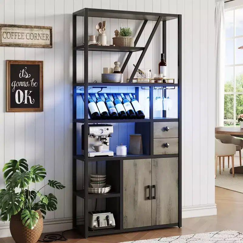 Mobile bar per vini, Mobiletto alto per caffè, Supporto per microonde con contenitore, Mobiletto bar per caffè in stile rustico con portabottiglie e portabicchieri