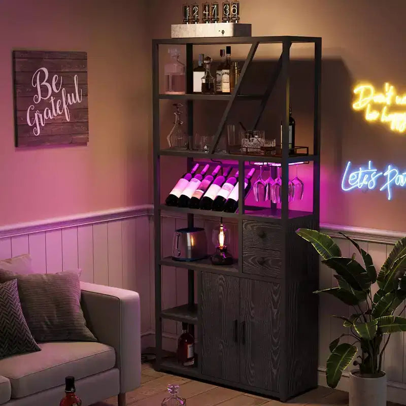 Mobile bar per vini, Mobiletto alto per caffè, Supporto per microonde con contenitore, Mobiletto bar per caffè in stile rustico con portabottiglie e portabicchieri