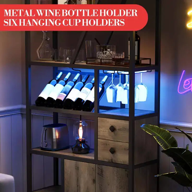 Mobile bar per vini, Mobiletto alto per caffè, Supporto per microonde con contenitore, Mobiletto bar per caffè in stile rustico con portabottiglie e portabicchieri