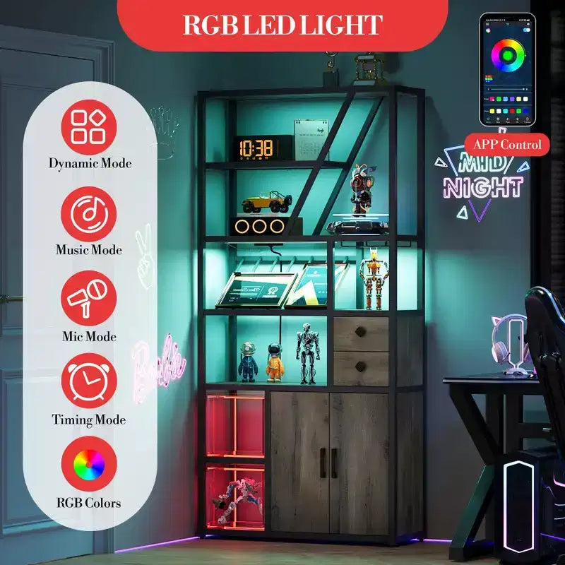 Mobile bar per vini, Mobiletto alto per caffè, Supporto per microonde con contenitore, Mobiletto bar per caffè in stile rustico con portabottiglie e portabicchieri