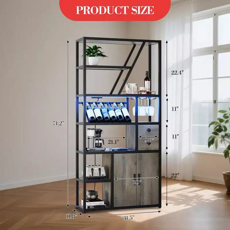 Mobile bar per vini, Mobiletto alto per caffè, Supporto per microonde con contenitore, Mobiletto bar per caffè in stile rustico con portabottiglie e portabicchieri