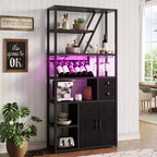 Mobile bar per vini, Mobiletto alto per caffè, Supporto per microonde con contenitore, Mobiletto bar per caffè in stile rustico con portabottiglie e portabicchieri