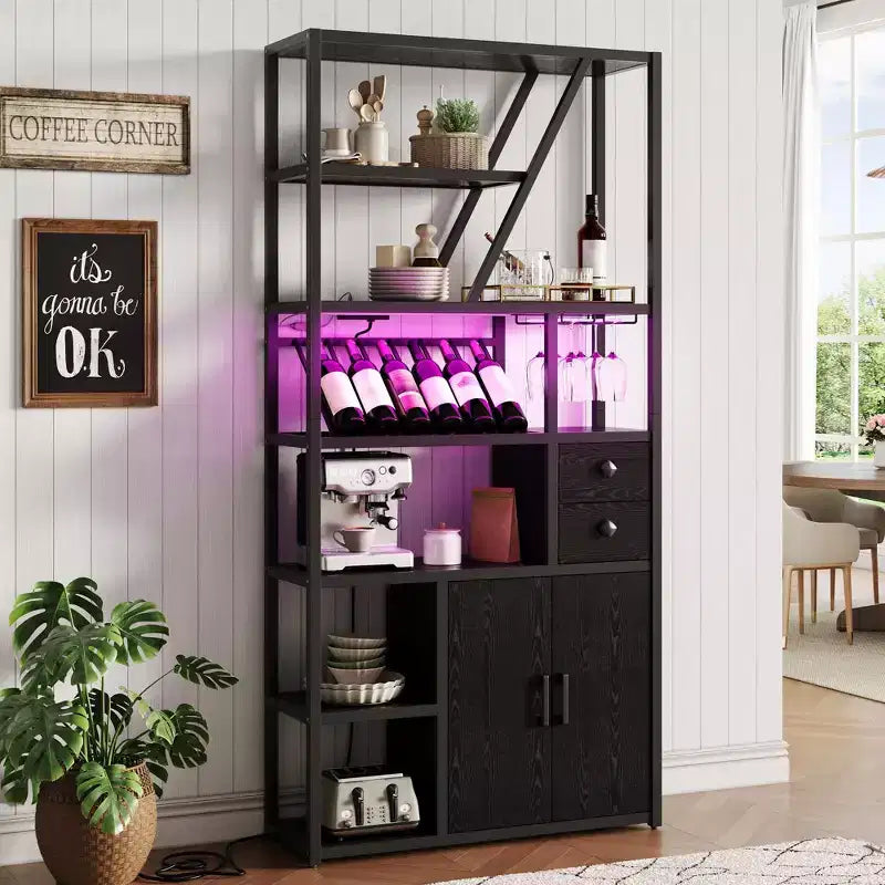 Mobile bar per vini, Mobiletto alto per caffè, Supporto per microonde con contenitore, Mobiletto bar per caffè in stile rustico con portabottiglie e portabicchieri