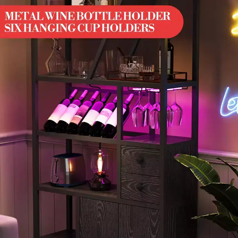 Mobile bar per vini, Mobiletto alto per caffè, Supporto per microonde con contenitore, Mobiletto bar per caffè in stile rustico con portabottiglie e portabicchieri