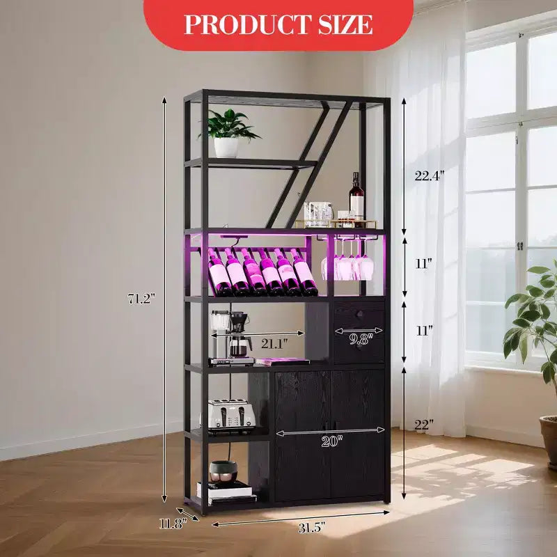Mobile bar per vini, Mobiletto alto per caffè, Supporto per microonde con contenitore, Mobiletto bar per caffè in stile rustico con portabottiglie e portabicchieri