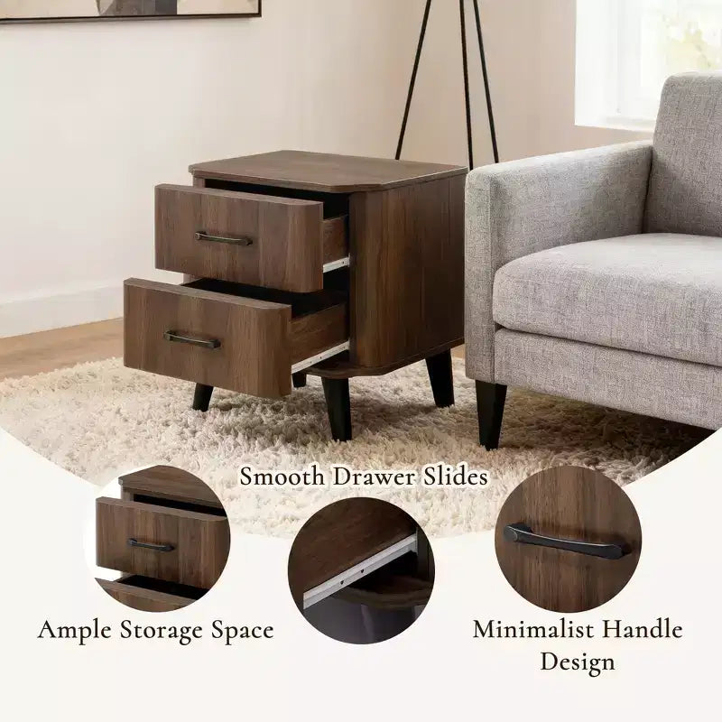 LuxenHome Comodino Moderno Mid-Century, Comodino Noce da 20" con Bordo Curvo, Comodino Marrone Scuro con Cassetti