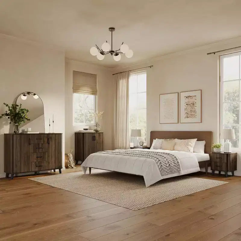 LuxenHome Comodino Moderno Mid-Century, Comodino Noce da 20" con Bordo Curvo, Comodino Marrone Scuro con Cassetti