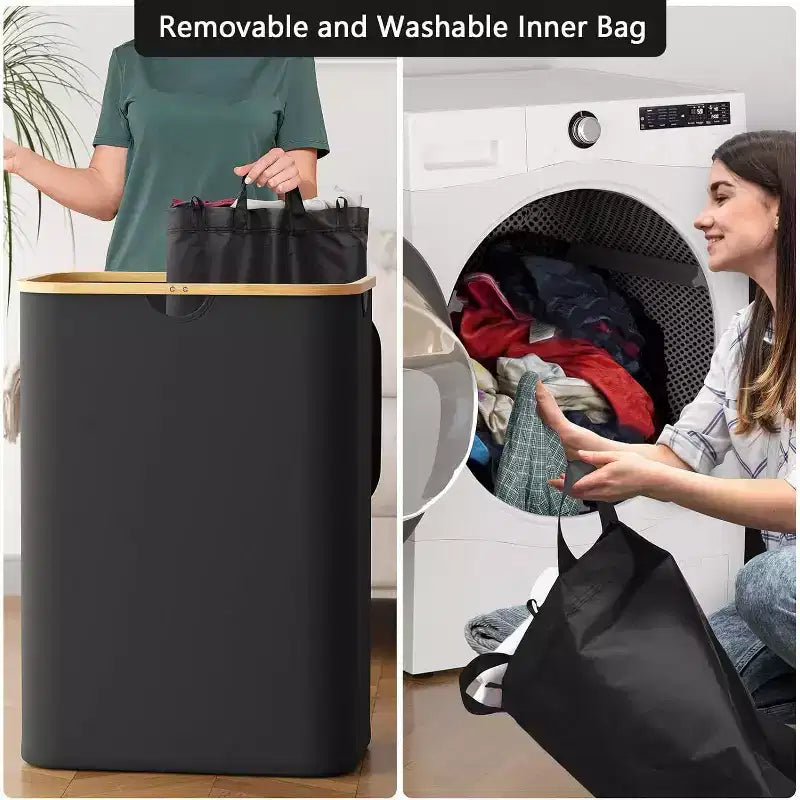 Cesto Portabiancheria 2 Scomparti con 2 Sacchi Rimovibili, Cesto Pieghevole da 160L con Coperchio e Manici in Bambù SpaceAid