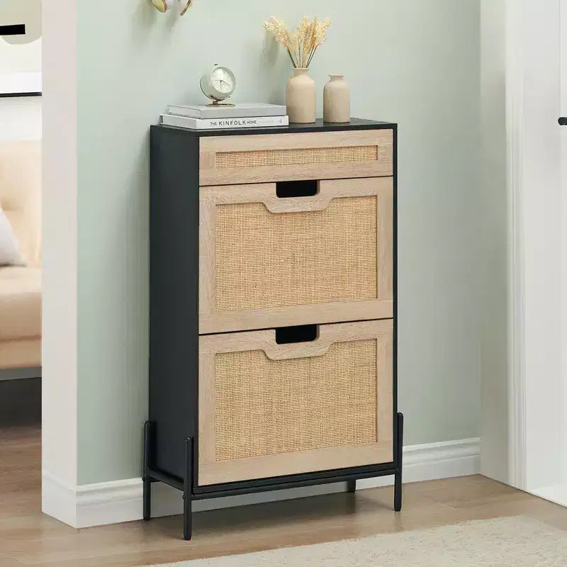 Scarpiera con ripiano regolabile in 3 posizioni e rimovibile, organizer per scarpe moderno da terra, scarpiera a 2 ante a ribalta con cassetto, nero+rovere