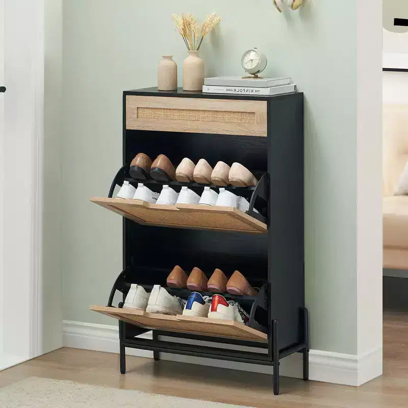 Scarpiera con ripiano regolabile in 3 posizioni e rimovibile, organizer per scarpe moderno da terra, scarpiera a 2 ante a ribalta con cassetto, nero+rovere