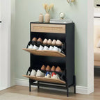 Scarpiera con ripiano regolabile in 3 posizioni e rimovibile, organizer per scarpe moderno da terra, scarpiera a 2 ante a ribalta con cassetto, nero+rovere