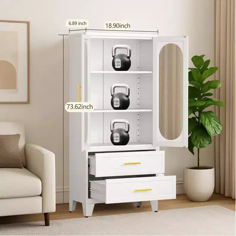 Armadio alto in metallo da 73 pollici, mobile dispensa da cucina con 2 ante in vetro, 2 cassetti, 2 ripiani regolabili, organizer da dispensa bianco