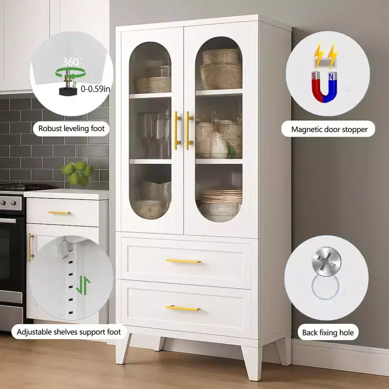 Armadio alto in metallo da 73 pollici, mobile dispensa da cucina con 2 ante in vetro, 2 cassetti, 2 ripiani regolabili, organizer da dispensa bianco
