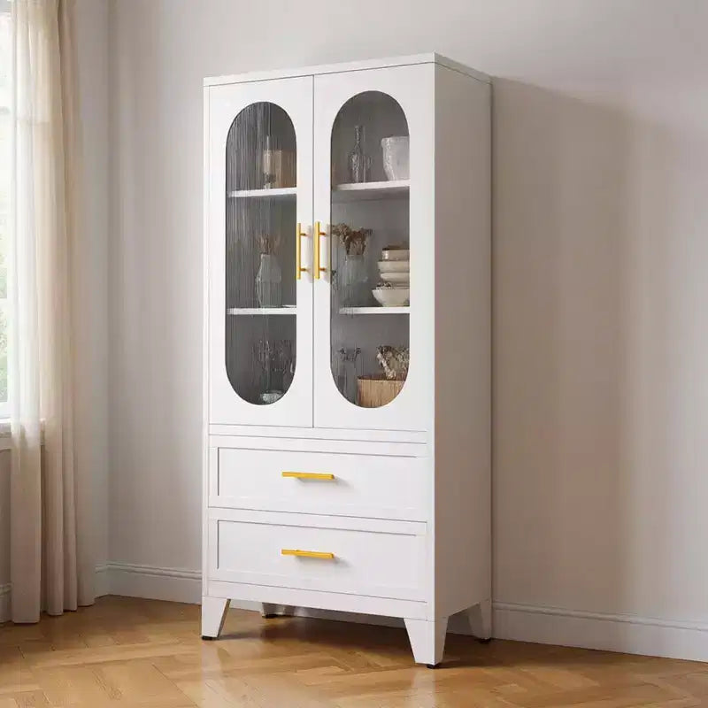 Armadio alto in metallo da 73 pollici, mobile dispensa da cucina con 2 ante in vetro, 2 cassetti, 2 ripiani regolabili, organizer da dispensa bianco