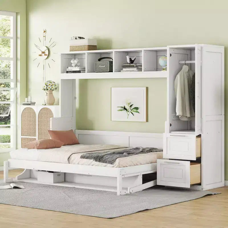 Letto a scomparsa matrimoniale/queen, letto a mobile in legno con armadio e cassetti, letto pieghevole per camera degli ospiti, camera piccola