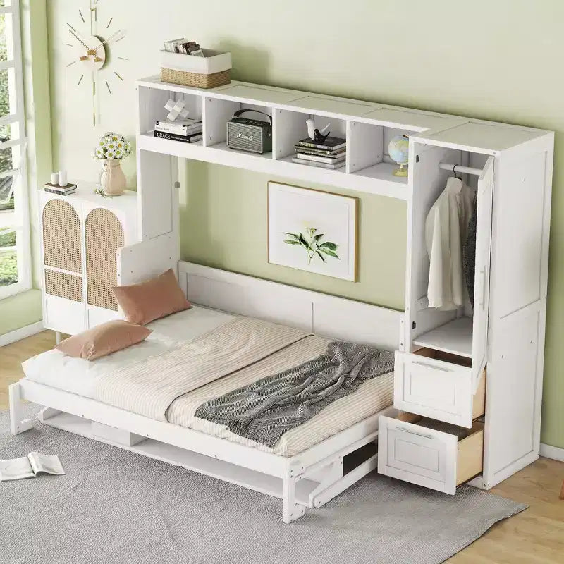 Letto a scomparsa matrimoniale/queen, letto a mobile in legno con armadio e cassetti, letto pieghevole per camera degli ospiti, camera piccola