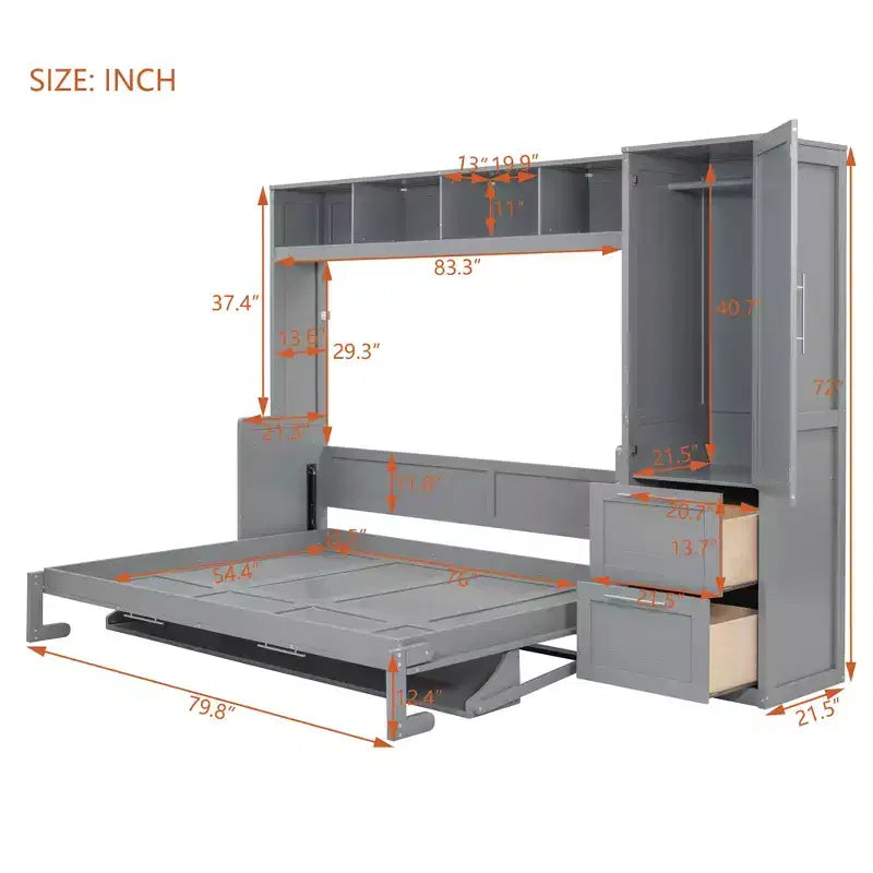 Letto a scomparsa matrimoniale/queen, letto a mobile in legno con armadio e cassetti, letto pieghevole per camera degli ospiti, camera piccola