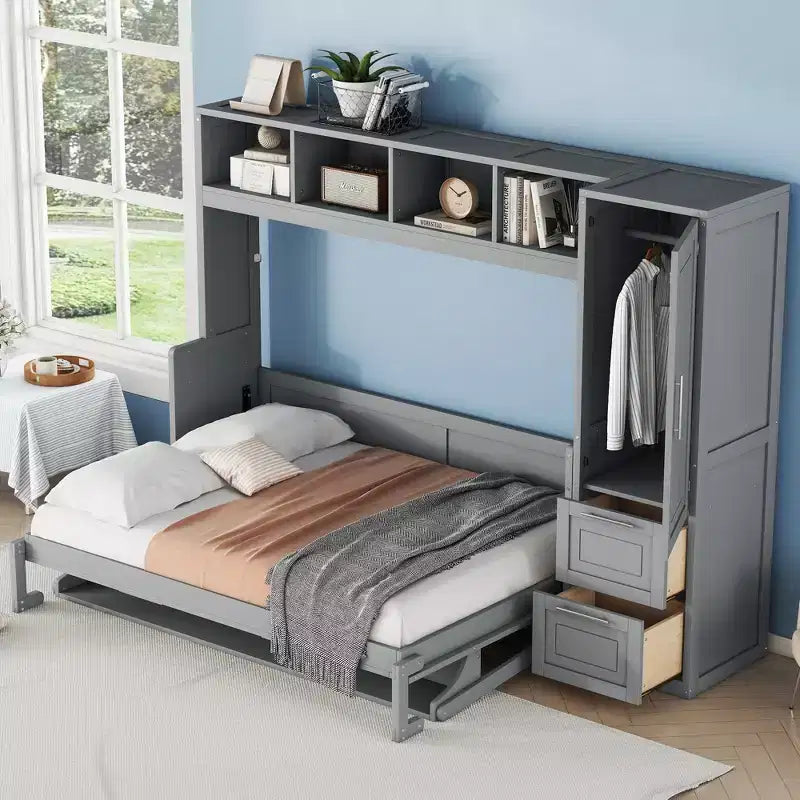 Letto a scomparsa matrimoniale/queen, letto a mobile in legno con armadio e cassetti, letto pieghevole per camera degli ospiti, camera piccola