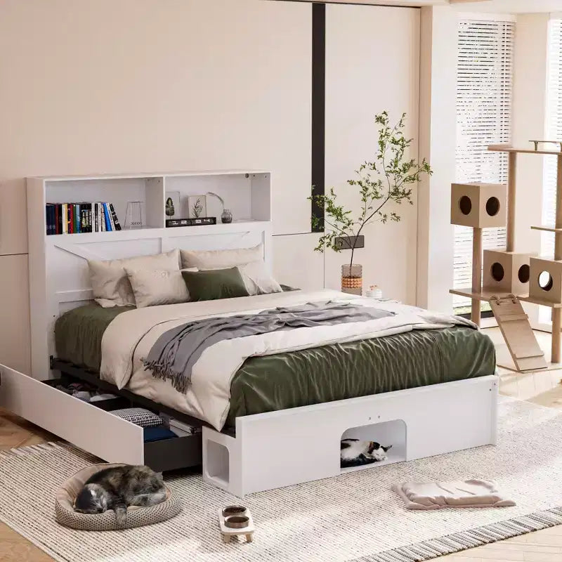 Famapy Base Letto Smart Bluetooth, Controllo Tramite App, Luci RGB Personalizzabili, Prese di Corrente, Ripiani Aperti + 4 Cassetti su Ruote, Struttura Centrale in Ferro, Nicchia per Animali Domestici
