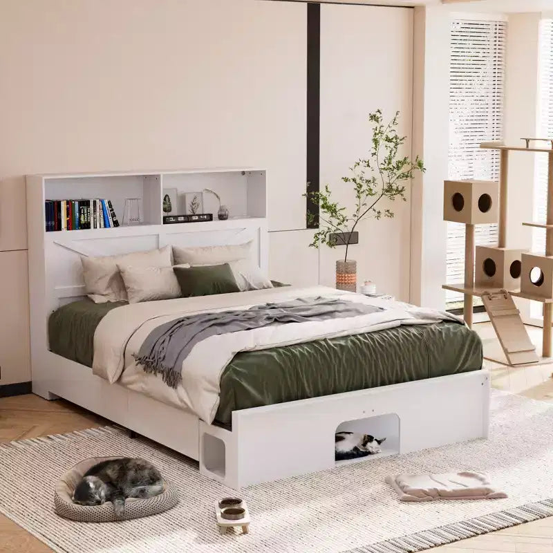 Famapy Base Letto Smart Bluetooth, Controllo Tramite App, Luci RGB Personalizzabili, Prese di Corrente, Ripiani Aperti + 4 Cassetti su Ruote, Struttura Centrale in Ferro, Nicchia per Animali Domestici