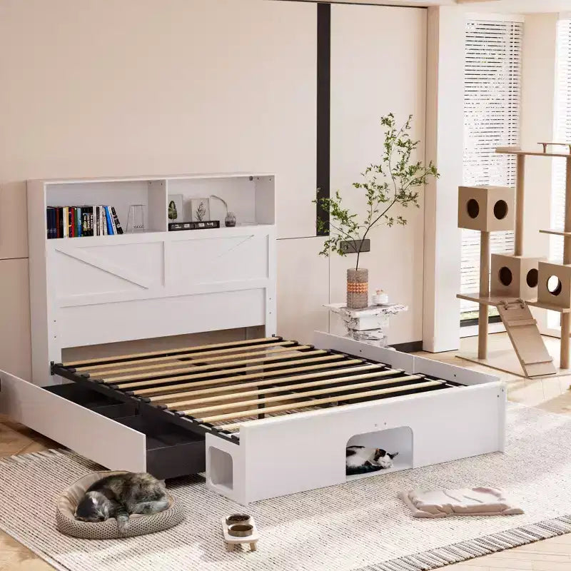 Famapy Base Letto Smart Bluetooth, Controllo Tramite App, Luci RGB Personalizzabili, Prese di Corrente, Ripiani Aperti + 4 Cassetti su Ruote, Struttura Centrale in Ferro, Nicchia per Animali Domestici