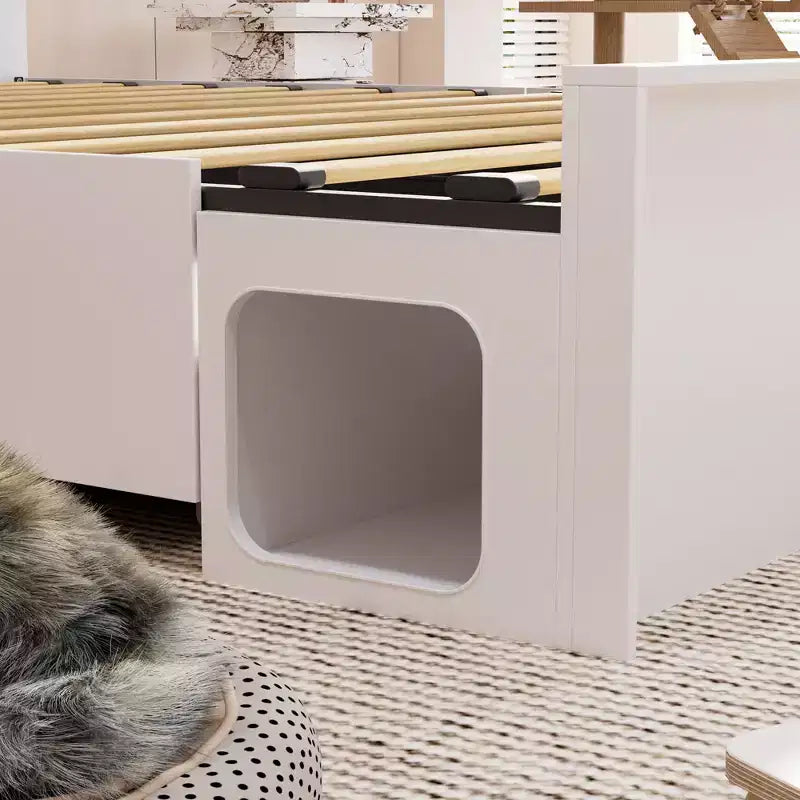 Famapy Base Letto Smart Bluetooth, Controllo Tramite App, Luci RGB Personalizzabili, Prese di Corrente, Ripiani Aperti + 4 Cassetti su Ruote, Struttura Centrale in Ferro, Nicchia per Animali Domestici