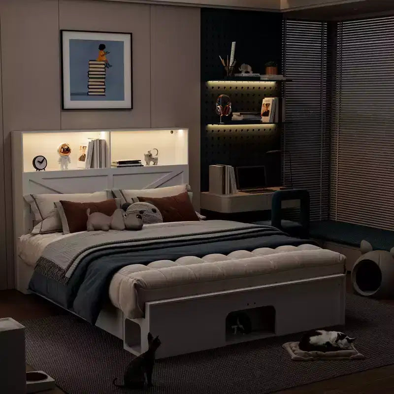 Famapy Base Letto Smart Bluetooth, Controllo Tramite App, Luci RGB Personalizzabili, Prese di Corrente, Ripiani Aperti + 4 Cassetti su Ruote, Struttura Centrale in Ferro, Nicchia per Animali Domestici