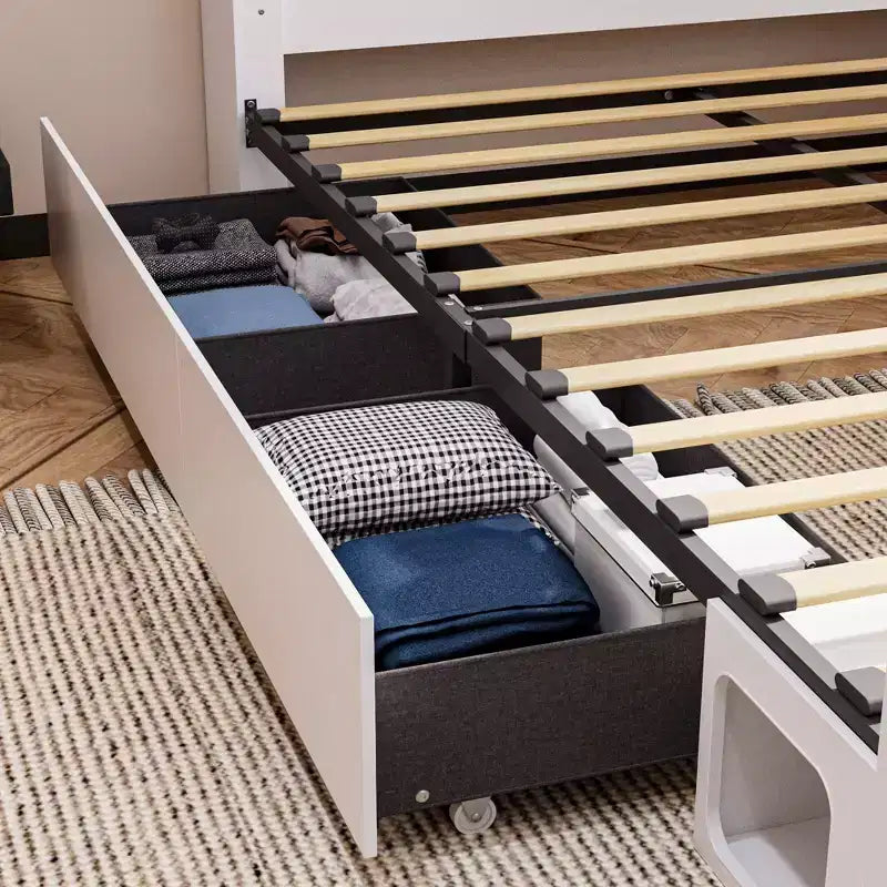 Famapy Base Letto Smart Bluetooth, Controllo Tramite App, Luci RGB Personalizzabili, Prese di Corrente, Ripiani Aperti + 4 Cassetti su Ruote, Struttura Centrale in Ferro, Nicchia per Animali Domestici