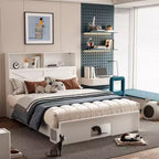 Famapy Base Letto Smart Bluetooth, Controllo Tramite App, Luci RGB Personalizzabili, Prese di Corrente, Ripiani Aperti + 4 Cassetti su Ruote, Struttura Centrale in Ferro, Nicchia per Animali Domestici