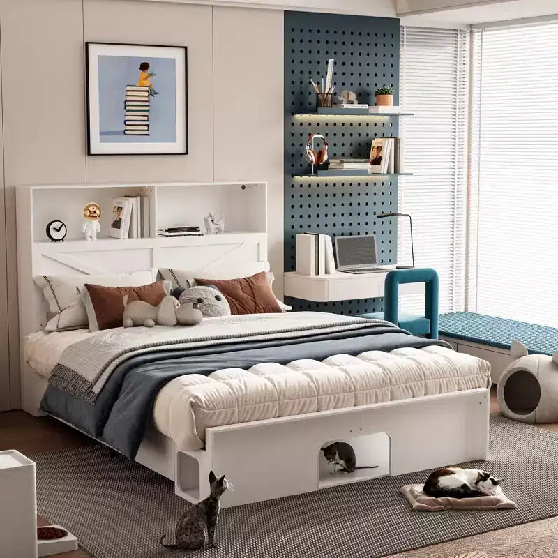 Famapy Base Letto Smart Bluetooth, Controllo Tramite App, Luci RGB Personalizzabili, Prese di Corrente, Ripiani Aperti + 4 Cassetti su Ruote, Struttura Centrale in Ferro, Nicchia per Animali Domestici