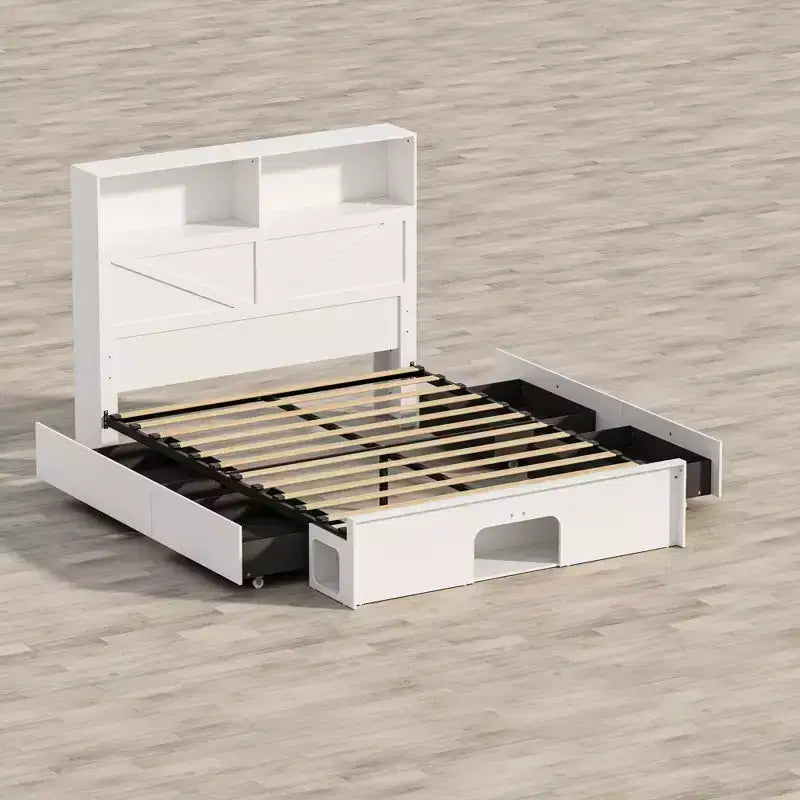 Famapy Base Letto Smart Bluetooth, Controllo Tramite App, Luci RGB Personalizzabili, Prese di Corrente, Ripiani Aperti + 4 Cassetti su Ruote, Struttura Centrale in Ferro, Nicchia per Animali Domestici