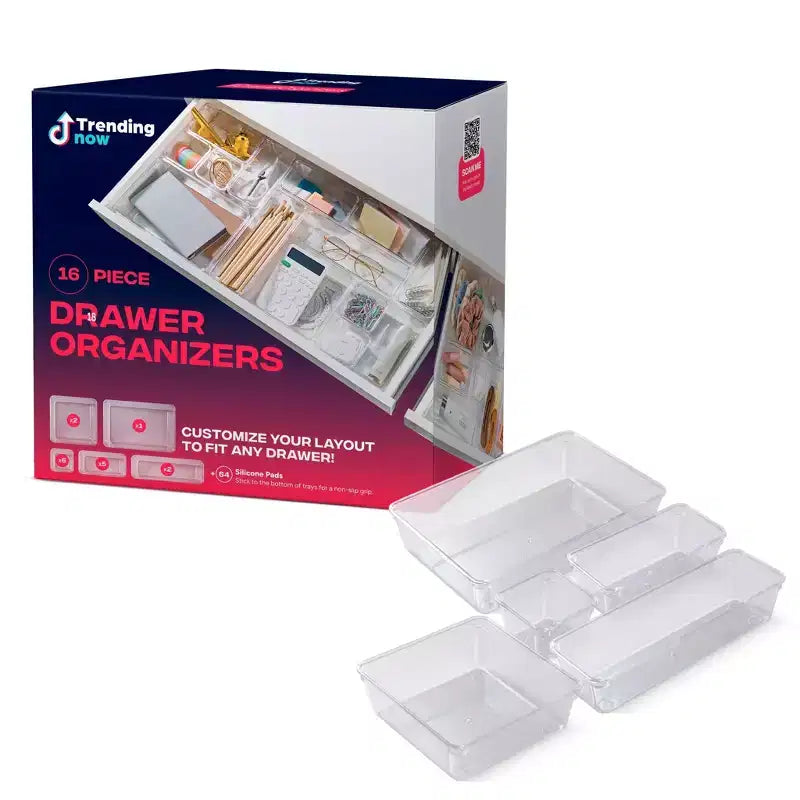 Trending Now 16-PCS Clear Drawer Organizer Set for Bathroom, Kitchen & Office Storage