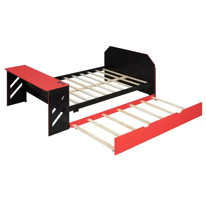 Luxystar Letto a giorno a grandezza naturale con scrivania integrata, ricarica USB e rotelle singole, letto multifunzionale salvaspazio per camera degli ospiti e giochi