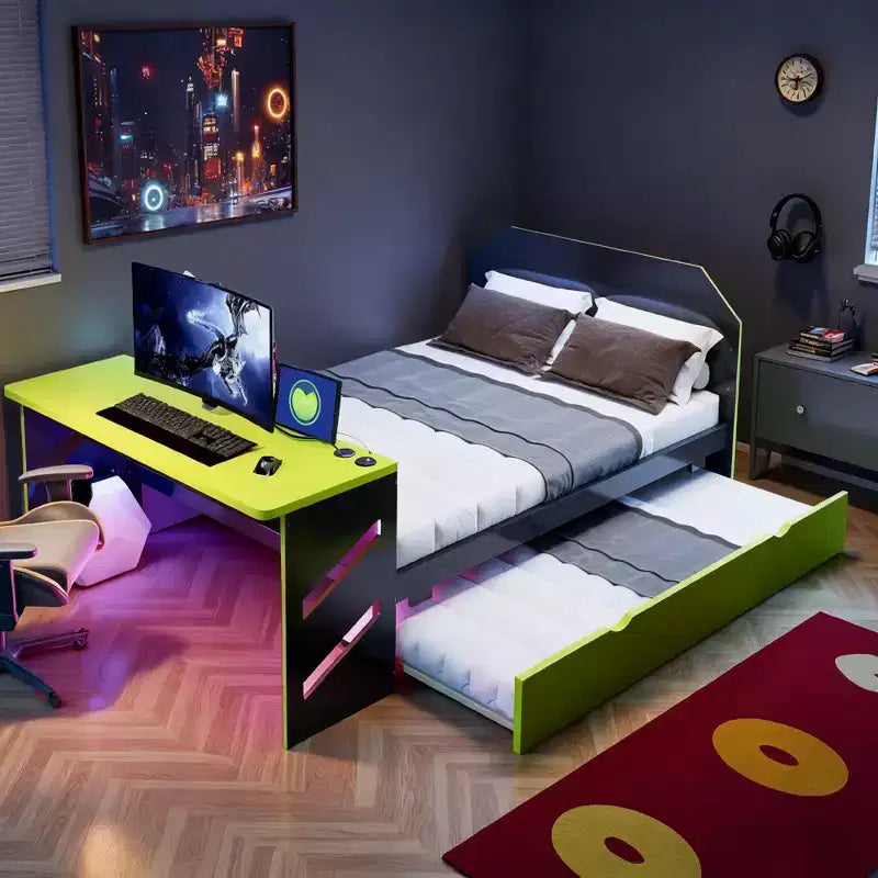 Luxystar Letto a giorno a grandezza naturale con scrivania integrata, ricarica USB e rotelle singole, letto multifunzionale salvaspazio per camera degli ospiti e giochi
