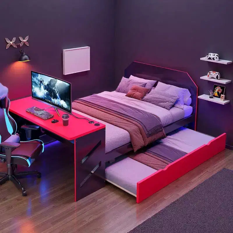 Luxystar Letto a giorno a grandezza naturale con scrivania integrata, ricarica USB e rotelle singole, letto multifunzionale salvaspazio per camera degli ospiti e giochi