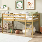 MAYEERTY Letto a Castello Singolo in Legno di Gomma Massiccio con Scaletta, Base a Doghe Rinforzate per Soggiorno Beige