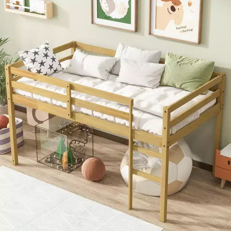 MAYEERTY Letto a Castello Singolo in Legno di Gomma Massiccio con Scaletta, Base a Doghe Rinforzate per Soggiorno Beige