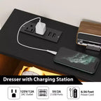 Cassettiera Nera con Striscia LED, Comò Moderno a 6 Cassetti, Stazione di Ricarica, Ripiano Aperto, Ampio Mobile Credenza in Legno per Camera da Letto, Soggiorno