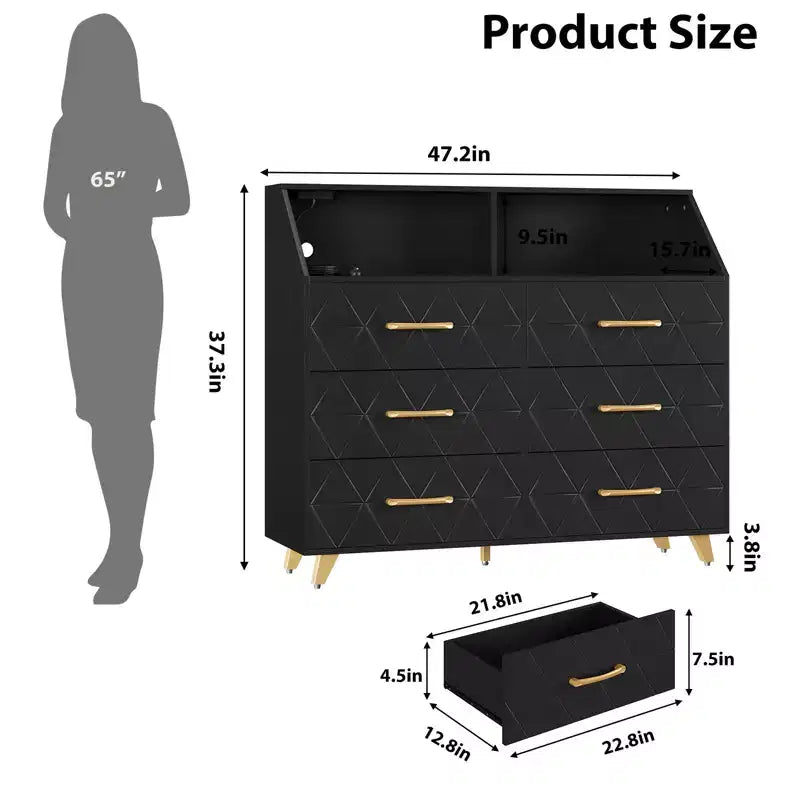 Cassettiera Nera con Striscia LED, Comò Moderno a 6 Cassetti, Stazione di Ricarica, Ripiano Aperto, Ampio Mobile Credenza in Legno per Camera da Letto, Soggiorno