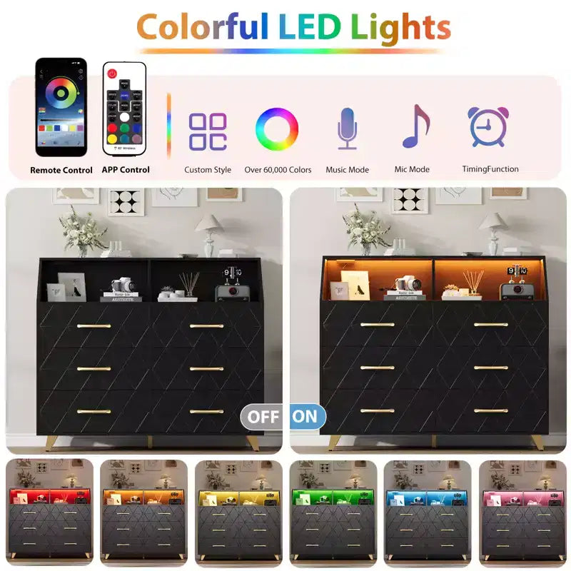 Cassettiera Nera con Striscia LED, Comò Moderno a 6 Cassetti, Stazione di Ricarica, Ripiano Aperto, Ampio Mobile Credenza in Legno per Camera da Letto, Soggiorno