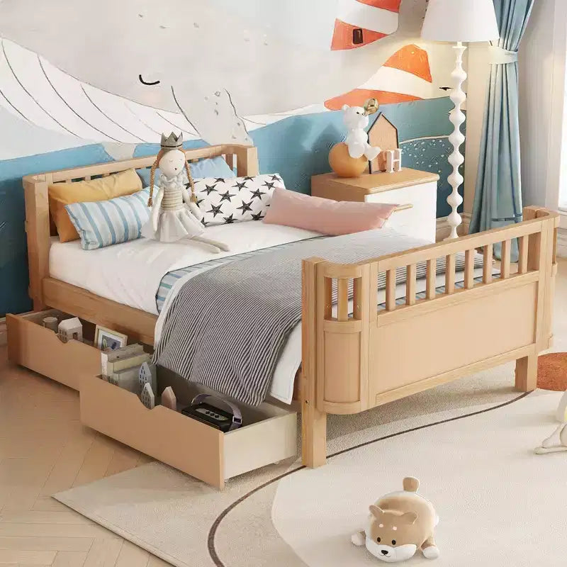 Letto a piattaforma in legno Twin/Full Size per bambini, letto a basso profilo con sponde di sicurezza e cassetti portaoggetti per camera da letto - ModernLuxe