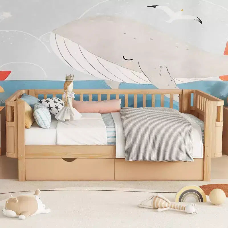 Letto a piattaforma in legno Twin/Full Size per bambini, letto a basso profilo con sponde di sicurezza e cassetti portaoggetti per camera da letto - ModernLuxe