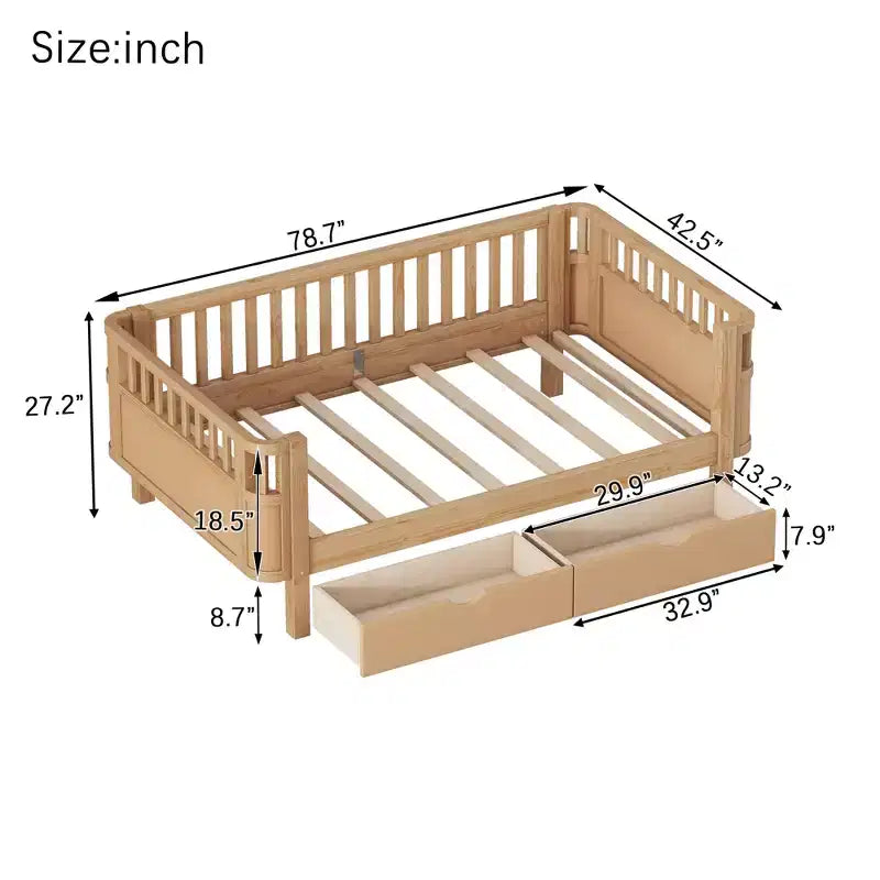Letto a piattaforma in legno Twin/Full Size per bambini, letto a basso profilo con sponde di sicurezza e cassetti portaoggetti per camera da letto - ModernLuxe