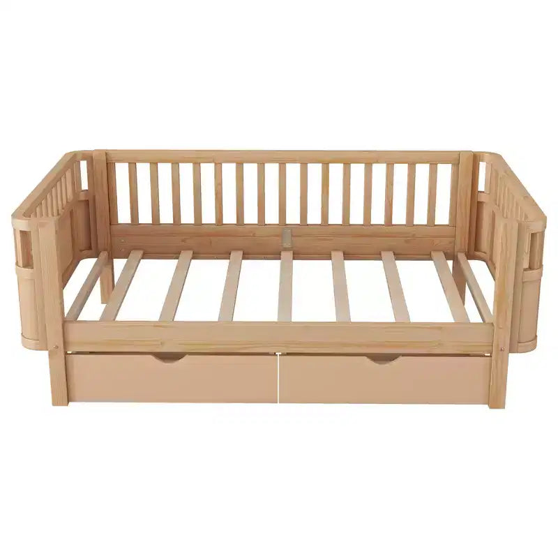 Letto a piattaforma in legno Twin/Full Size per bambini, letto a basso profilo con sponde di sicurezza e cassetti portaoggetti per camera da letto - ModernLuxe