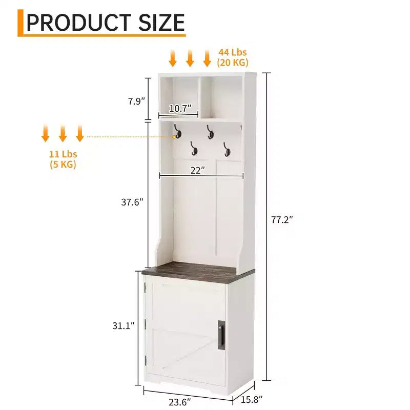 Armadietto portascarpe rustico da ingresso con porta appendiabiti compatto dotato di 5 ganci appendiabiti, include un vano portascarpe, ideale per ingressi e corridoi.