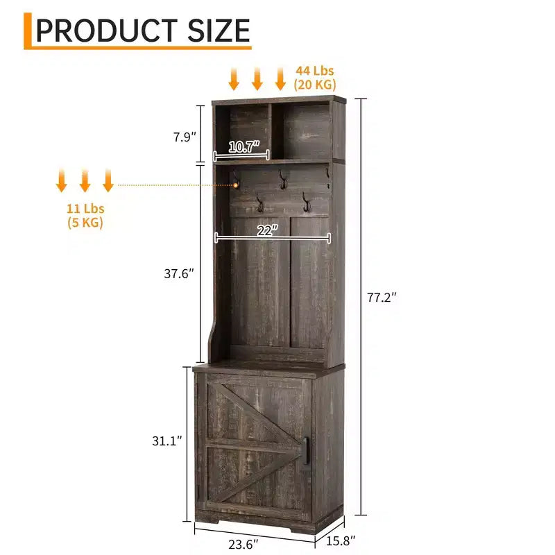 Armadietto portascarpe rustico da ingresso con porta appendiabiti compatto dotato di 5 ganci appendiabiti, include un vano portascarpe, ideale per ingressi e corridoi.