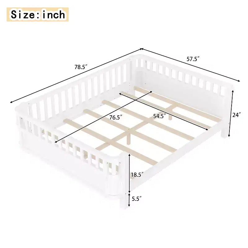 Bellemave Letto a piattaforma completo con sponde di sicurezza e recinzione staccabile, letto a piattaforma in legno massiccio per bambini, bianco