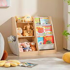 MAYEERTY Scaffale a 3 Ripiani e Contenitore per Giocattoli in Legno con Libreria a Tre Strati per Soggiorno Beige